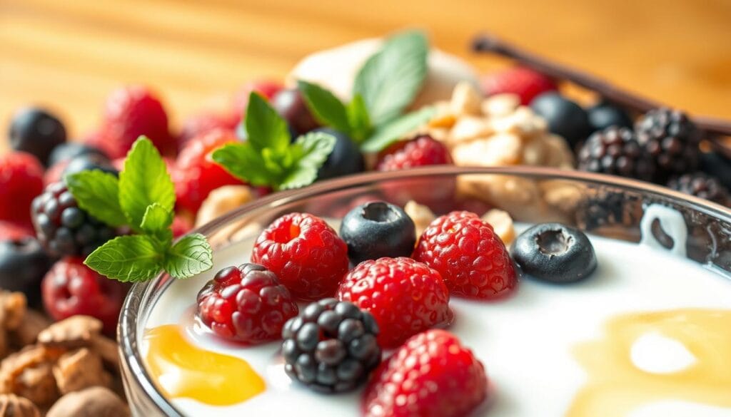 A close-up, vibrant still life of various organic ingredients used to craft breast milk ice cream. In the foreground, a glass dish overflows with rich, creamy breast milk, interspersed with plump, juicy berries and a drizzle of golden honey. In the middle ground, fresh mint leaves, vanilla bean pods, and a scatter of chopped nuts nestle between the ingredients. The background is softly blurred, highlighting the natural, wholesome elements. Warm, natural lighting casts a glow over the scene, emphasizing the purity and nourishment of the homemade dessert.
