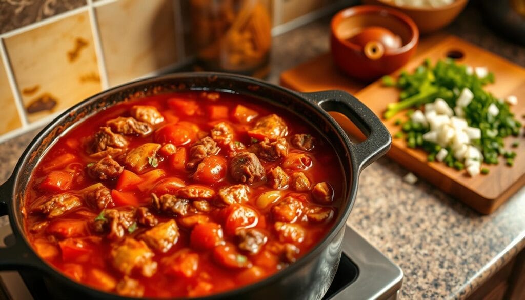 A cozy kitchen counter displaying a savory chili dish, simmering in a cast iron pot. Vibrant red tomatoes, earthy spices, and tender chunks of beef fill the frame, inviting the viewer to imagine the rich aroma. Warm lighting casts a golden glow, creating a comforting atmosphere. In the background, a wooden cutting board with freshly chopped onions, peppers, and herbs, suggesting the simple, homemade nature of the recipe. The composition is balanced, with the chili taking center stage, surrounded by the essential ingredients for a flavorful, easy-to-prepare meal. A cozy kitchen counter displaying a savory chili dish, simmering in a cast iron pot. Vibrant red tomatoes, earthy spices, and tender chunks of beef fill the frame, inviting the viewer to imagine the rich aroma. Warm lighting casts a golden glow, creating a comforting atmosphere. In the background, a wooden cutting board with freshly chopped onions, peppers, and herbs, suggesting the simple, homemade nature of the recipe. The composition is balanced, with the chili taking center stage, surrounded by the essential ingredients for a flavorful, easy-to-prepare meal.