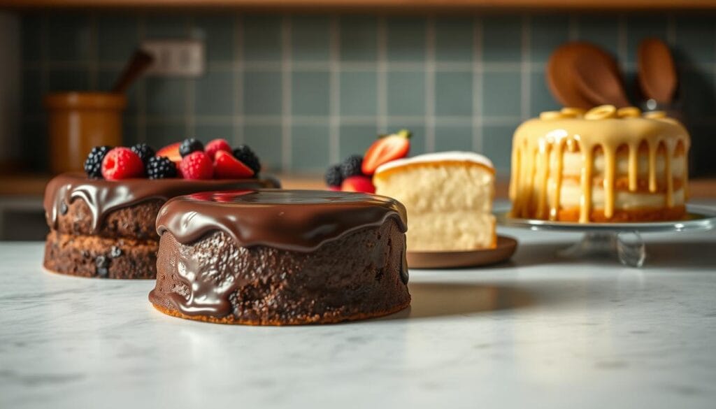 A cozy kitchen counter showcases three delectable cakes, each a masterpiece of simplicity. In the foreground, a rich chocolate cake with a glistening ganache topping, while beside it, a light and fluffy vanilla sponge cake adorned with fresh berries. In the background, a moist and tangy lemon drizzle cake, its zesty glaze dripping down the sides. Soft, warm lighting casts a welcoming glow, highlighting the inviting textures and colors of these effortless, three-ingredient wonders. A composition that celebrates the joy of uncomplicated baking, inspiring the viewer to create their own culinary masterpieces.