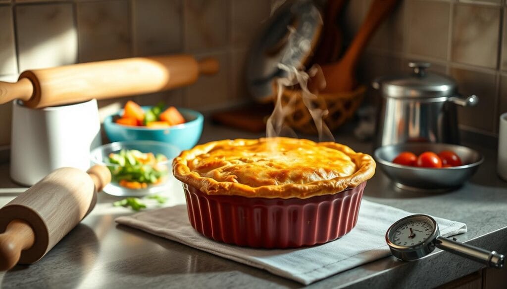 A cozy, well-lit kitchen counter, with a vintage rolling pin, a bowl of diced vegetables, and a meat thermometer placed next to a perfectly golden-brown chicken pot pie, fresh from the oven. The steam rising from the dish creates a warm, inviting atmosphere, hinting at the delicious baked aromas. The scene is illuminated by soft, natural lighting, casting a gentle glow on the ingredients and bakeware. The camera angle is slightly elevated, allowing the viewer to appreciate the detailed textures and presentation of the dish, providing a clear visual reference for the perfect baking temperatures required for a classic chicken pot pie. A cozy, well-lit kitchen counter, with a vintage rolling pin, a bowl of diced vegetables, and a meat thermometer placed next to a perfectly golden-brown chicken pot pie, fresh from the oven. The steam rising from the dish creates a warm, inviting atmosphere, hinting at the delicious baked aromas. The scene is illuminated by soft, natural lighting, casting a gentle glow on the ingredients and bakeware. The camera angle is slightly elevated, allowing the viewer to appreciate the detailed textures and presentation of the dish, providing a clear visual reference for the perfect baking temperatures required for a classic chicken pot pie.