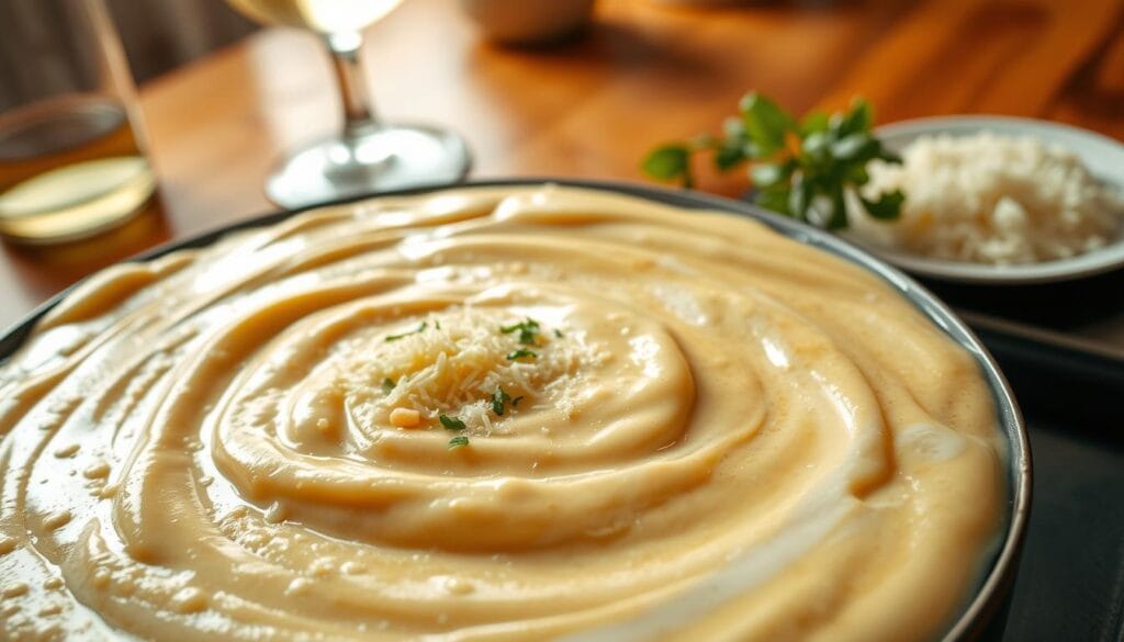A creamy, luscious pasta sauce simmers gently on the stove. The foreground showcases a rich, velvety texture, with swirling patterns of melted butter and heavy cream. In the middle ground, freshly grated Parmesan cheese and a sprinkle of finely chopped parsley add depth and complexity. The background features a wooden table, with a glass of white wine and a few sprigs of fresh basil, creating a cozy, inviting atmosphere. The lighting is soft and warm, casting a gentle glow over the scene, evoking a sense of comfort and homemade goodness. The angle is slightly elevated, allowing the viewer to appreciate the depth and layering of the sauce. A creamy, luscious pasta sauce simmers gently on the stove. The foreground showcases a rich, velvety texture, with swirling patterns of melted butter and heavy cream. In the middle ground, freshly grated Parmesan cheese and a sprinkle of finely chopped parsley add depth and complexity. The background features a wooden table, with a glass of white wine and a few sprigs of fresh basil, creating a cozy, inviting atmosphere. The lighting is soft and warm, casting a gentle glow over the scene, evoking a sense of comfort and homemade goodness. The angle is slightly elevated, allowing the viewer to appreciate the depth and layering of the sauce.