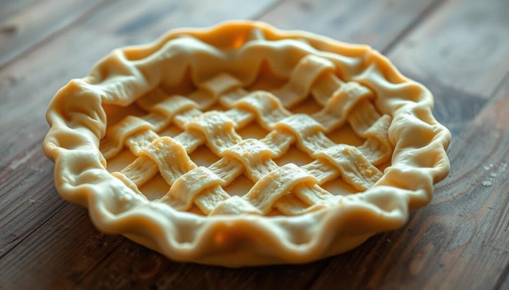 A crisp, golden-brown homemade pie crust, freshly baked and cooling on a rustic wooden surface. Delicate flakes and a tender, buttery texture invite the viewer to imagine the savory chicken pot pie filling within. Soft, natural lighting casts a warm glow, highlighting the crust's intricate lattice pattern. The scene exudes a comforting, homemade atmosphere, contrasting the store-bought crust's uniform appearance. Angled camera perspective emphasizes the crust's artisanal qualities, inviting the viewer to consider the difference between homemade and store-bought when crafting the perfect chicken pot pie. A crisp, golden-brown homemade pie crust, freshly baked and cooling on a rustic wooden surface. Delicate flakes and a tender, buttery texture invite the viewer to imagine the savory chicken pot pie filling within. Soft, natural lighting casts a warm glow, highlighting the crust's intricate lattice pattern. The scene exudes a comforting, homemade atmosphere, contrasting the store-bought crust's uniform appearance. Angled camera perspective emphasizes the crust's artisanal qualities, inviting the viewer to consider the difference between homemade and store-bought when crafting the perfect chicken pot pie.