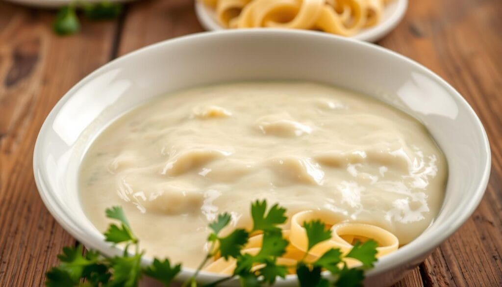 A crisp, white ceramic bowl filled with a thick, creamy Alfredo sauce, its rich, velvety texture glistening under warm, soft lighting. In the foreground, freshly chopped parsley sprigs add a vibrant, herbal accent, while in the middle ground, a plate of al dente fettuccine noodles waits to be coated in the luxurious sauce. The background features a rustic, wooden table, its weathered surface providing a natural, earthy contrast to the indulgent dish. The overall mood is one of simple, homemade comfort and culinary delight. A crisp, white ceramic bowl filled with a thick, creamy Alfredo sauce, its rich, velvety texture glistening under warm, soft lighting. In the foreground, freshly chopped parsley sprigs add a vibrant, herbal accent, while in the middle ground, a plate of al dente fettuccine noodles waits to be coated in the luxurious sauce. The background features a rustic, wooden table, its weathered surface providing a natural, earthy contrast to the indulgent dish. The overall mood is one of simple, homemade comfort and culinary delight.
