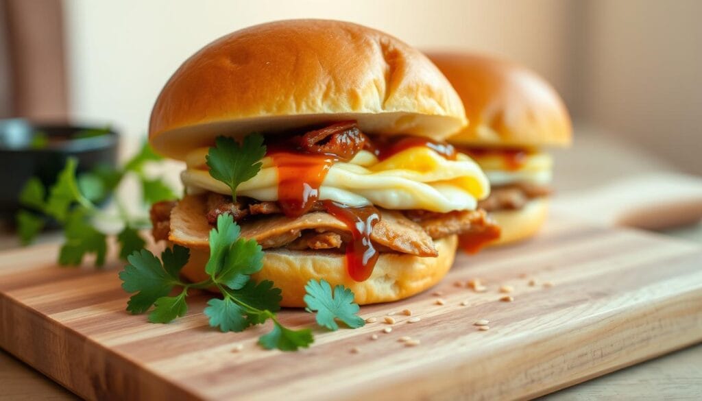A delectable Hong Kong-style breakfast sandwich, artfully presented on a wooden cutting board. In the foreground, two halves of a freshly baked, golden-brown milk bread bun, their soft, pillowy texture inviting. Nestled between them, a stack of savory ingredients: tender, juicy char siu pork, gently scrambled eggs, and a drizzle of sweet and tangy hoisin sauce. The middle ground showcases fresh cilantro sprigs and a scattering of toasted sesame seeds, adding vibrant pops of color and texture. The background is a soft, warm-toned studio setting, with natural light gently illuminating the scene, creating a cozy, authentic atmosphere. A delectable Hong Kong-style breakfast sandwich, artfully presented on a wooden cutting board. In the foreground, two halves of a freshly baked, golden-brown milk bread bun, their soft, pillowy texture inviting. Nestled between them, a stack of savory ingredients: tender, juicy char siu pork, gently scrambled eggs, and a drizzle of sweet and tangy hoisin sauce. The middle ground showcases fresh cilantro sprigs and a scattering of toasted sesame seeds, adding vibrant pops of color and texture. The background is a soft, warm-toned studio setting, with natural light gently illuminating the scene, creating a cozy, authentic atmosphere.