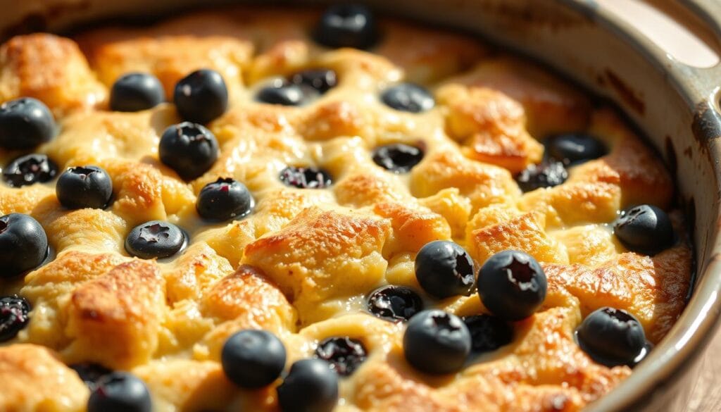 A delectable blueberry bread pudding, nestled in a rustic ceramic baking dish, bathed in a warm, golden glow. The surface is dotted with plump, juicy blueberries, their deep indigo hues contrasting against the custardy, pillowy texture of the bread. Hints of cinnamon and vanilla waft through the air, inviting the senses. Soft, natural lighting casts gentle shadows, highlighting the tender, caramelized edges. The overall scene evokes a cozy, homemade comfort, perfectly suited to grace the pages of a "Baked Blueberry French Toast Casserole" feature. A delectable blueberry bread pudding, nestled in a rustic ceramic baking dish, bathed in a warm, golden glow. The surface is dotted with plump, juicy blueberries, their deep indigo hues contrasting against the custardy, pillowy texture of the bread. Hints of cinnamon and vanilla waft through the air, inviting the senses. Soft, natural lighting casts gentle shadows, highlighting the tender, caramelized edges. The overall scene evokes a cozy, homemade comfort, perfectly suited to grace the pages of a "Baked Blueberry French Toast Casserole" feature.
