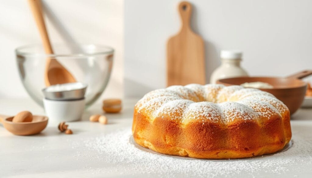 A delectable three-ingredient cake set against a minimalist backdrop. The foreground features a freshly baked, golden-crusted cake with a soft, inviting texture, adorned with a light dusting of powdered sugar. The middle ground showcases simple kitchen tools and ingredients - a mixing bowl, a wooden spoon, and a few essential baking staples. The background maintains a clean, uncluttered aesthetic, allowing the cake to take center stage. Warm, natural lighting casts a gentle glow, creating an atmosphere of effortless elegance. The overall composition conveys the ease and simplicity of creating a delicious homemade cake with just a few basic components.