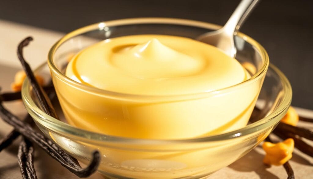 A delectable vanilla custard dessert takes center stage, its silky smooth texture and rich, creamy consistency shimmering under the soft, warm glow of a side-lighting setup. The custard is elegantly presented in a clear glass dish, allowing its golden hue to radiate. Artfully placed around the custard are fresh vanilla beans, their plump pods and dark specks providing a tantalizing contrast. The overall mood is one of refined sophistication, with a touch of rustic charm from the natural props. The image invites the viewer to indulge in the decadent flavors and luxurious mouthfeel of this homemade frozen vanilla custard creation. A delectable vanilla custard dessert takes center stage, its silky smooth texture and rich, creamy consistency shimmering under the soft, warm glow of a side-lighting setup. The custard is elegantly presented in a clear glass dish, allowing its golden hue to radiate. Artfully placed around the custard are fresh vanilla beans, their plump pods and dark specks providing a tantalizing contrast. The overall mood is one of refined sophistication, with a touch of rustic charm from the natural props. The image invites the viewer to indulge in the decadent flavors and luxurious mouthfeel of this homemade frozen vanilla custard creation.