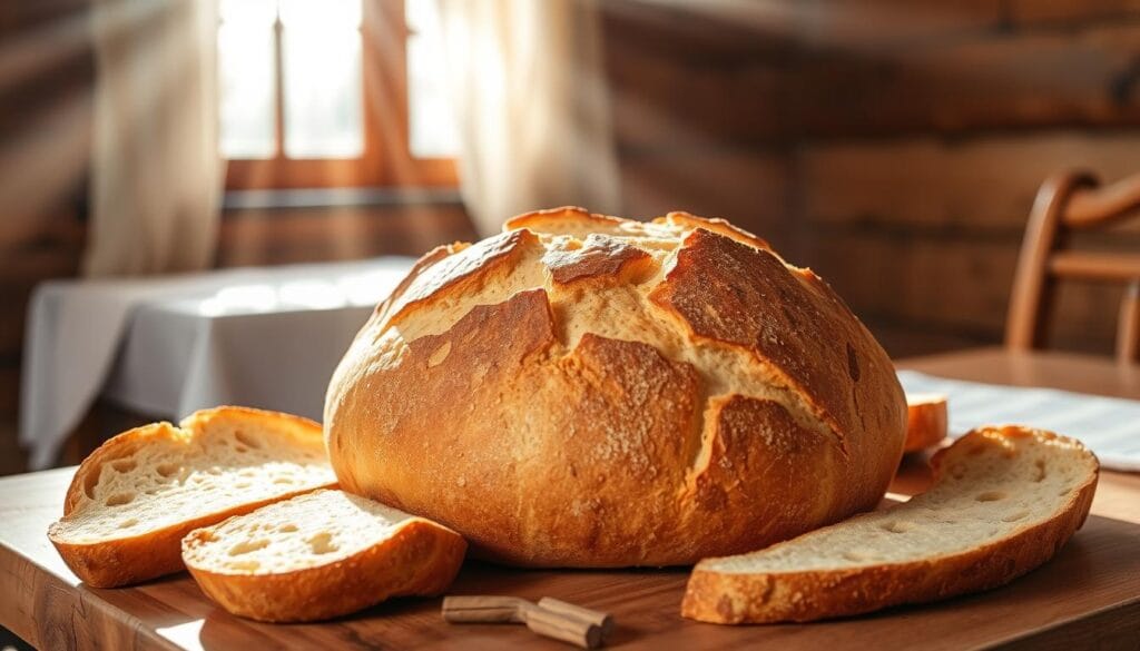 A freshly baked loaf of artisanal sourdough bread sits center frame, the golden crust glistening under warm, natural lighting. Slices are arranged around it, revealing the soft, pillowy interior dotted with air pockets. In the background, a rustic wooden table is set with a simple white tablecloth, complementing the earthy tones. Rays of soft, diffused light stream through a nearby window, casting a cozy, inviting atmosphere. The overall scene evokes the comforting, homemade feel of a hearty Amish breakfast casserole, ready to be curated with this perfect bread. A freshly baked loaf of artisanal sourdough bread sits center frame, the golden crust glistening under warm, natural lighting. Slices are arranged around it, revealing the soft, pillowy interior dotted with air pockets. In the background, a rustic wooden table is set with a simple white tablecloth, complementing the earthy tones. Rays of soft, diffused light stream through a nearby window, casting a cozy, inviting atmosphere. The overall scene evokes the comforting, homemade feel of a hearty Amish breakfast casserole, ready to be curated with this perfect bread.