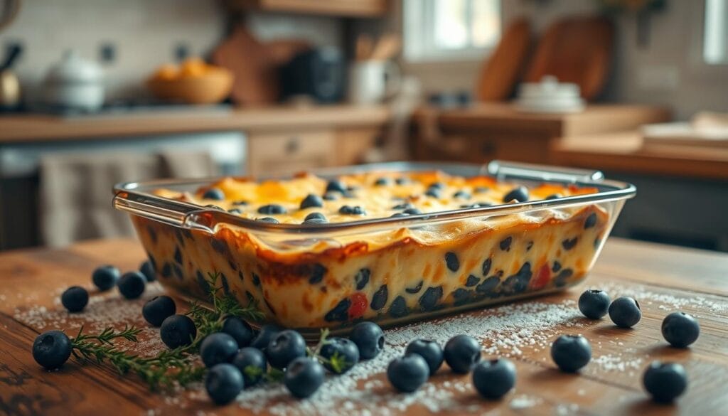 A golden-brown, freshly baked breakfast casserole, steaming hot, filling the kitchen with enticing aromas of eggs, cheese, and savory ingredients. The casserole dish sits on a rustic wooden table, surrounded by fresh blueberries, sprigs of thyme, and a light dusting of powdered sugar. The scene is bathed in warm, soft lighting, creating a cozy, inviting atmosphere. In the background, a gentle blur of a farmhouse-style kitchen, with hints of wooden cabinets and natural textures, completes the homey, comforting setting. A golden-brown, freshly baked breakfast casserole, steaming hot, filling the kitchen with enticing aromas of eggs, cheese, and savory ingredients. The casserole dish sits on a rustic wooden table, surrounded by fresh blueberries, sprigs of thyme, and a light dusting of powdered sugar. The scene is bathed in warm, soft lighting, creating a cozy, inviting atmosphere. In the background, a gentle blur of a farmhouse-style kitchen, with hints of wooden cabinets and natural textures, completes the homey, comforting setting.