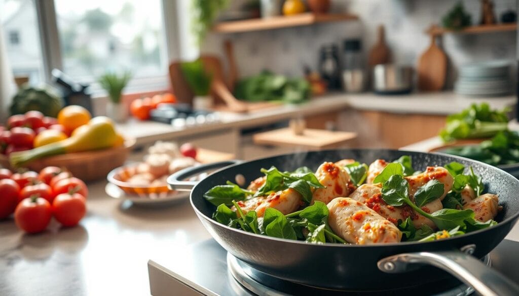A large, well-lit kitchen counter, adorned with fresh produce, cookware, and a tempting array of ingredients. In the foreground, a sizzling skillet filled with tender chicken, vibrant spinach, and a flavorful sauce, creating an enticing culinary scene. The lighting casts a warm, inviting glow, casting subtle shadows that accentuate the texture and depth of the ingredients. The overall composition conveys a sense of effortless, mouthwatering preparation - a quick and delicious recipe ready to be enjoyed.