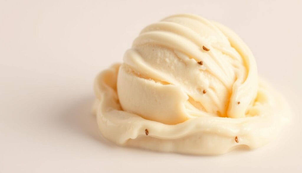 A luscious scoop of creamy vanilla ice cream sits glistening in the soft, warm light. The surface has a smooth, glossy sheen, with a delicate swirl pattern that catches the illumination. Tiny flecks of vanilla bean are visible, hinting at the rich, aromatic flavor. The edges of the scoop have a pillowy, cloud-like texture, inviting a spoonful. Surrounding the ice cream is a simple white background, allowing the dessert to be the sole focus. The scene evokes a sense of indulgence and homemade comfort, perfectly capturing the essence of perfectly crafted vanilla ice cream. A luscious scoop of creamy vanilla ice cream sits glistening in the soft, warm light. The surface has a smooth, glossy sheen, with a delicate swirl pattern that catches the illumination. Tiny flecks of vanilla bean are visible, hinting at the rich, aromatic flavor. The edges of the scoop have a pillowy, cloud-like texture, inviting a spoonful. Surrounding the ice cream is a simple white background, allowing the dessert to be the sole focus. The scene evokes a sense of indulgence and homemade comfort, perfectly capturing the essence of perfectly crafted vanilla ice cream.