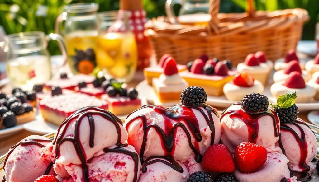 A lush, summertime scene featuring an array of vibrant, artfully presented desserts. In the foreground, a platter overflows with creamy scoops of homemade blackberry ice cream, garnished with fresh berries and a drizzle of dark chocolate. In the middle ground, an assortment of other delectable treats - juicy berry tarts, lemon bars with powdered sugar, and bite-sized pavlovas crowned with glistening fruit. The background depicts a sun-dappled outdoor setting, with a wicker basket, floral napkins, and glass pitchers filled with refreshing lemonade or iced tea. Soft, warm lighting casts a golden glow, evoking the relaxed, convivial atmosphere of a summer gathering.