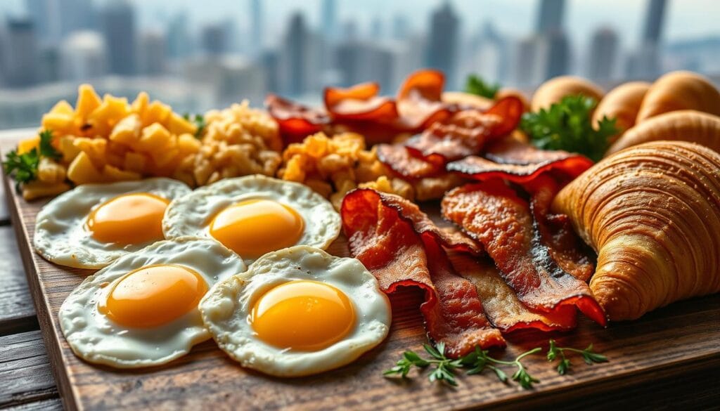 A meticulously arranged display of savory breakfast sides, captured in a crisp, high-resolution photograph. In the foreground, a selection of perfectly cooked fried eggs, their golden yolks glistening under soft, natural lighting. Surrounding the eggs, an array of tempting accompaniments - crunchy hash browns, sizzling bacon slices, and delicate, flaky croissants, all presented on a rustic wooden surface. The mid-ground features a scatter of fresh herbs and spices, adding depth and complexity to the scene. In the background, a subtle, blurred cityscape hints at the bustling energy of a Hong Kong morning, creating a harmonious contrast with the intimate, homemade feel of the breakfast spread. A meticulously arranged display of savory breakfast sides, captured in a crisp, high-resolution photograph. In the foreground, a selection of perfectly cooked fried eggs, their golden yolks glistening under soft, natural lighting. Surrounding the eggs, an array of tempting accompaniments - crunchy hash browns, sizzling bacon slices, and delicate, flaky croissants, all presented on a rustic wooden surface. The mid-ground features a scatter of fresh herbs and spices, adding depth and complexity to the scene. In the background, a subtle, blurred cityscape hints at the bustling energy of a Hong Kong morning, creating a harmonious contrast with the intimate, homemade feel of the breakfast spread.