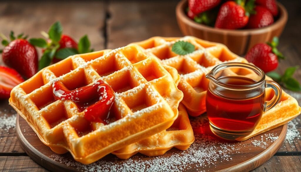 A meticulously crafted still life of authentic Belgian waffles, bathed in soft, warm lighting that highlights their golden-brown, perfectly crisp exterior. The waffles are presented on a rustic wooden surface, their distinct square pockets brimming with fluffy, light-as-air interior. Freshly dusted with powdered sugar, the waffles are accompanied by a small pitcher of rich, amber-colored maple syrup, ready to be drizzled over the top. In the background, a handful of ripe, juicy strawberries and a sprig of fresh mint add a vibrant, natural touch, complementing the indulgent flavors. The overall scene exudes a sense of homemade comfort and European cafe charm. A meticulously crafted still life of authentic Belgian waffles, bathed in soft, warm lighting that highlights their golden-brown, perfectly crisp exterior. The waffles are presented on a rustic wooden surface, their distinct square pockets brimming with fluffy, light-as-air interior. Freshly dusted with powdered sugar, the waffles are accompanied by a small pitcher of rich, amber-colored maple syrup, ready to be drizzled over the top. In the background, a handful of ripe, juicy strawberries and a sprig of fresh mint add a vibrant, natural touch, complementing the indulgent flavors. The overall scene exudes a sense of homemade comfort and European cafe charm.