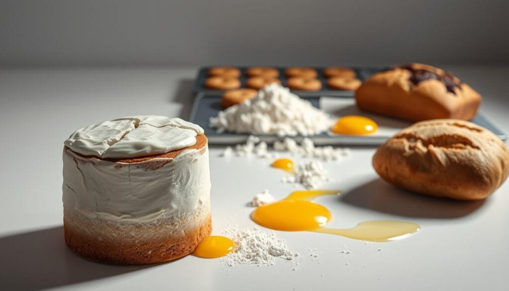 A meticulously lit studio scene showcasing common baking mistakes. In the foreground, a cracked cake with sunken center and uneven frosting. The middle ground features a pile of spilled flour and a broken egg yolk trickling down the counter. In the background, a tray of underbaked cookies and a burnt loaf of bread. Soft, directional lighting creates dramatic shadows, emphasizing the imperfections. A clean, minimalist composition that focuses attention on the baking mishaps, captured with a wide-angle lens to convey a sense of scale and orderliness. The overall mood is one of cautionary tales, gently guiding the viewer towards baking success.