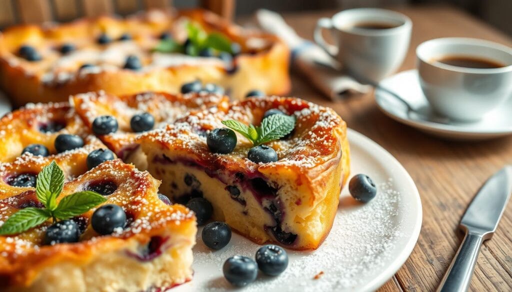 A mouthwatering baked blueberry French toast casserole, its golden-brown crust glistening under soft, natural lighting. In the foreground, slices of fluffy, custard-soaked bread are dotted with bursting, juicy blueberries. The middle ground showcases a platter of the finished dish, garnished with a dusting of powdered sugar and fresh mint leaves, inviting the viewer to dig in. In the background, a rustic wooden table is set with a linen napkin, a knife, and a steaming cup of coffee, creating a cozy, weekend brunch atmosphere. The image conveys the irresistible aroma and comforting flavors of this crowd-pleasing recipe. A mouthwatering baked blueberry French toast casserole, its golden-brown crust glistening under soft, natural lighting. In the foreground, slices of fluffy, custard-soaked bread are dotted with bursting, juicy blueberries. The middle ground showcases a platter of the finished dish, garnished with a dusting of powdered sugar and fresh mint leaves, inviting the viewer to dig in. In the background, a rustic wooden table is set with a linen napkin, a knife, and a steaming cup of coffee, creating a cozy, weekend brunch atmosphere. The image conveys the irresistible aroma and comforting flavors of this crowd-pleasing recipe.