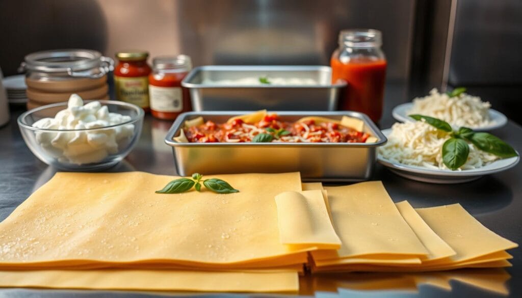 A neatly arranged workspace with stainless steel countertops. In the foreground, freshly boiled lasagna noodles are carefully laid out, glistening with water droplets. Next to them, a bowl of creamy ricotta cheese, a jar of tomato sauce, and a plate of grated mozzarella stand ready. In the middle ground, a large baking dish waits to be filled, its edges decorated with delicate sprigs of fresh basil. Soft, indirect lighting casts a warm, inviting glow, highlighting the rich colors and textures of the ingredients. The scene conveys a sense of calm, focused preparation, setting the stage for the creation of a perfect, layered lasagna. A neatly arranged workspace with stainless steel countertops. In the foreground, freshly boiled lasagna noodles are carefully laid out, glistening with water droplets. Next to them, a bowl of creamy ricotta cheese, a jar of tomato sauce, and a plate of grated mozzarella stand ready. In the middle ground, a large baking dish waits to be filled, its edges decorated with delicate sprigs of fresh basil. Soft, indirect lighting casts a warm, inviting glow, highlighting the rich colors and textures of the ingredients. The scene conveys a sense of calm, focused preparation, setting the stage for the creation of a perfect, layered lasagna.