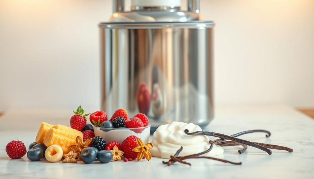 A pristine, stainless steel ice cream maker sits atop a clean, white countertop, its gleaming exterior reflecting the soft, warm lighting from above. Sleek, chrome accents adorn the machine, hinting at its efficient, high-quality construction. In the foreground, an array of colorful, fresh ingredients - ripe berries, creamy milk, and fragrant vanilla beans - are neatly arranged, ready to be transformed into a delectable, homemade treat. The overall scene exudes a sense of purity, care, and attention to detail, perfectly suited for the creation of a unique, artisanal breast milk ice cream.