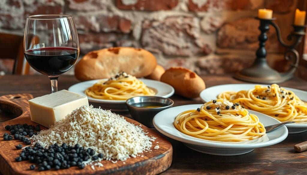 A rustic, Italian-inspired scene depicting a selection of classic cacio e pepe pairings. In the foreground, a wooden board showcases freshly grated Pecorino Romano cheese, a pile of cracked black peppercorns, and a glass of full-bodied red wine. In the middle ground, steaming plates of perfectly al dente spaghetti noodles, tossed with the signature cheese and pepper sauce, are surrounded by crusty bread and a small bowl of olive oil for dipping. In the background, a weathered brick wall and a wrought-iron candle holder create a cozy, trattoria-like ambiance, bathed in warm, golden lighting. The overall composition conveys the simple, yet elegant nature of this classic Roman dish and its quintessential pairings.
