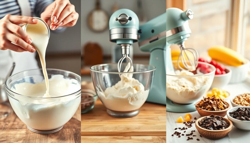 A sequence of visually engaging steps depicting the homemade ice cream making process. In the foreground, a person's hands carefully pouring cream into a mixing bowl. In the middle ground, a stand mixer vigorously whipping the ingredients into a smooth, creamy texture. In the background, an array of colorful fresh fruit, chocolate shavings, and other toppings, hinting at the customization possibilities. The scene is lit by warm, natural lighting, with a soft, inviting atmosphere. The camera angle is slightly elevated, providing a clear, unobstructed view of the entire process. The overall composition emphasizes the methodical, step-by-step nature of crafting delicious homemade ice cream. A sequence of visually engaging steps depicting the homemade ice cream making process. In the foreground, a person's hands carefully pouring cream into a mixing bowl. In the middle ground, a stand mixer vigorously whipping the ingredients into a smooth, creamy texture. In the background, an array of colorful fresh fruit, chocolate shavings, and other toppings, hinting at the customization possibilities. The scene is lit by warm, natural lighting, with a soft, inviting atmosphere. The camera angle is slightly elevated, providing a clear, unobstructed view of the entire process. The overall composition emphasizes the methodical, step-by-step nature of crafting delicious homemade ice cream.