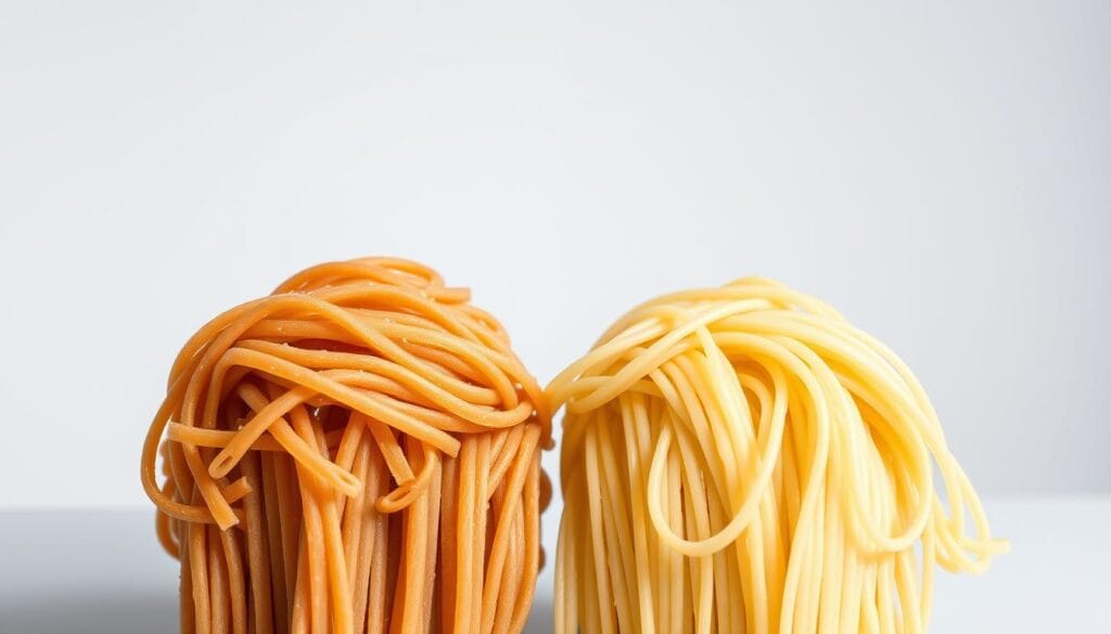 A side-by-side comparison of whole wheat pasta and gluten-free pasta, shot in a clean, well-lit studio setting. The pasta strands are arranged neatly, showcasing their distinct textures and colors - the whole wheat pasta a rich, earthy brown, the gluten-free a paler shade. The lighting is soft and diffused, accentuating the subtle differences in the pasta's surfaces. The camera is positioned at a slight angle, capturing the pasta from an eye-level perspective that invites the viewer to closely examine the two varieties. The background is a plain, neutral backdrop, allowing the pasta to be the sole focus of the image.