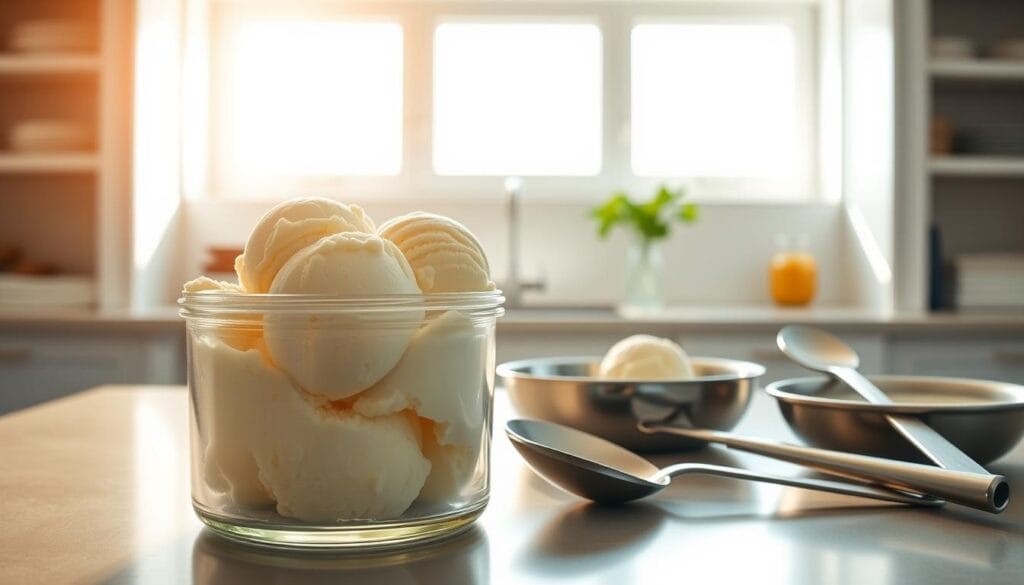 A spacious and organized kitchen counter, bathed in warm, natural light from a large window. In the foreground, a sturdy glass container with a tight-fitting lid holds meticulously scooped, smooth and creamy vanilla ice cream. Nearby, a set of stainless steel utensils and a chilled serving dish await the moment to present this artisanal delight. The background features clean, minimalist cabinetry and shelves, creating a serene, inviting atmosphere perfect for savoring this homemade treat. A spacious and organized kitchen counter, bathed in warm, natural light from a large window. In the foreground, a sturdy glass container with a tight-fitting lid holds meticulously scooped, smooth and creamy vanilla ice cream. Nearby, a set of stainless steel utensils and a chilled serving dish await the moment to present this artisanal delight. The background features clean, minimalist cabinetry and shelves, creating a serene, inviting atmosphere perfect for savoring this homemade treat.
