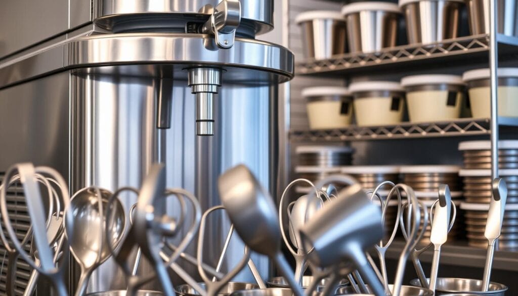 A stainless steel commercial-grade frozen custard machine, gleaming under soft lighting, its gleaming chrome exterior and sturdy construction hinting at its powerful motor and high-efficiency compressor. In the foreground, an array of metal mixing paddles and spatulas, their utilitarian shapes suggesting the precision and care required to craft the perfect frozen custard. In the background, shelves of stainless steel storage containers, ready to hold the rich, creamy custard as it's dispensed from the machine's spigot. The overall scene conveys a sense of professional-grade equipment dedicated to the art of frozen custard making, ready to help the home chef achieve delicious, high-quality results. A stainless steel commercial-grade frozen custard machine, gleaming under soft lighting, its gleaming chrome exterior and sturdy construction hinting at its powerful motor and high-efficiency compressor. In the foreground, an array of metal mixing paddles and spatulas, their utilitarian shapes suggesting the precision and care required to craft the perfect frozen custard. In the background, shelves of stainless steel storage containers, ready to hold the rich, creamy custard as it's dispensed from the machine's spigot. The overall scene conveys a sense of professional-grade equipment dedicated to the art of frozen custard making, ready to help the home chef achieve delicious, high-quality results.