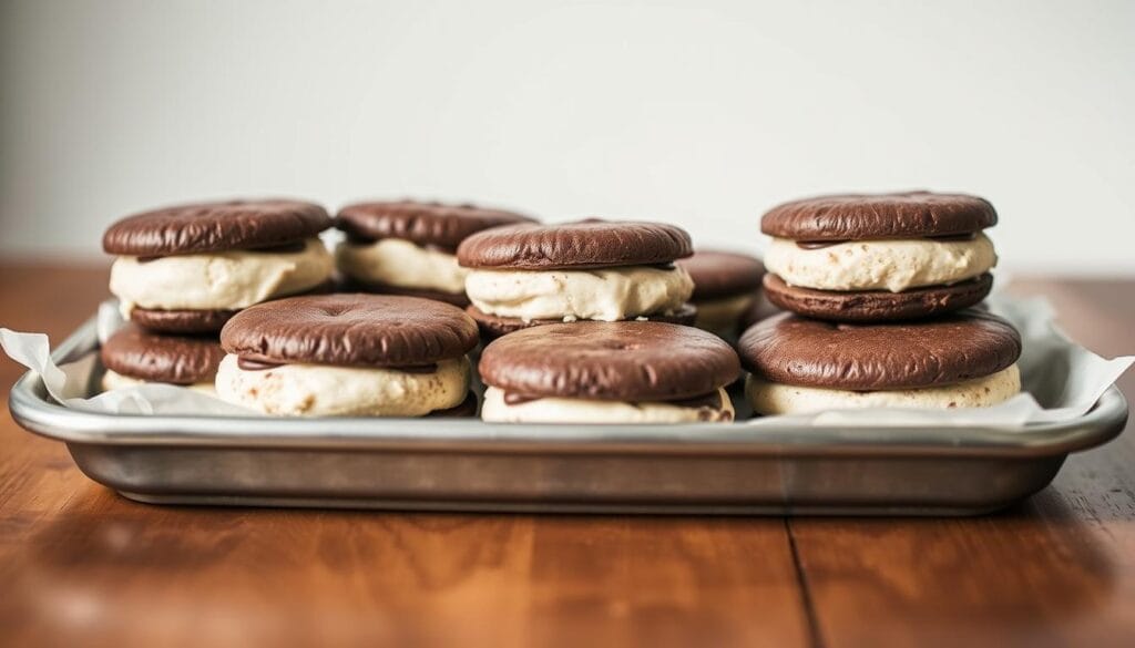 A tray of freshly served chocolate ice cream sandwiches, arranged in a visually appealing manner on a wooden table. The sandwiches are neatly stacked, their rich chocolate exteriors contrasting with the creamy ice cream filling peeking out. Soft, indirect lighting illuminates the scene, casting a warm, inviting glow. The table is set against a minimalist, white backdrop, allowing the delectable treats to take center stage. The overall composition emphasizes the tempting nature of these decadent desserts, ready to be enjoyed as a satisfying and indulgent treat. A tray of freshly served chocolate ice cream sandwiches, arranged in a visually appealing manner on a wooden table. The sandwiches are neatly stacked, their rich chocolate exteriors contrasting with the creamy ice cream filling peeking out. Soft, indirect lighting illuminates the scene, casting a warm, inviting glow. The table is set against a minimalist, white backdrop, allowing the delectable treats to take center stage. The overall composition emphasizes the tempting nature of these decadent desserts, ready to be enjoyed as a satisfying and indulgent treat.