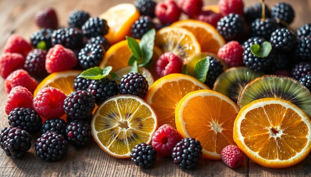 A vibrant arrangement of various fresh fruits, including ripe blackberries, luscious raspberries, juicy orange slices, and sliced kiwi, delicately placed on a rustic wooden surface. The fruits are illuminated by warm, natural lighting, casting soft shadows and highlights that accentuate their vibrant colors and textures. The composition is balanced, with the fruits arranged in a visually appealing manner, inviting the viewer to imagine how they might complement the smooth, creamy texture of a scoop of homemade blackberry ice cream. The overall mood is one of freshness, creativity, and the celebration of the season's bounty.