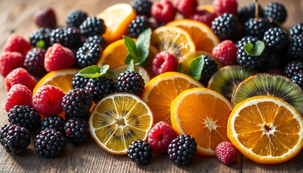 A vibrant arrangement of various fresh fruits, including ripe blackberries, luscious raspberries, juicy orange slices, and sliced kiwi, delicately placed on a rustic wooden surface. The fruits are illuminated by warm, natural lighting, casting soft shadows and highlights that accentuate their vibrant colors and textures. The composition is balanced, with the fruits arranged in a visually appealing manner, inviting the viewer to imagine how they might complement the smooth, creamy texture of a scoop of homemade blackberry ice cream. The overall mood is one of freshness, creativity, and the celebration of the season's bounty.
