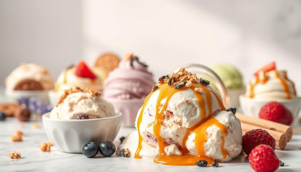 A vibrant array of handcrafted ice cream variations, showcasing an array of flavors and textures. In the foreground, a scoop of rich, creamy breast milk ice cream, complemented by a selection of artisanal toppings such as fresh berries, crushed cookies, and drizzles of decadent caramel. In the middle ground, an assortment of other unique ice cream flavors, including lavender, Earl Grey, and matcha, each with its own distinct color and presentation. The background features a clean, minimalist backdrop, allowing the ice cream to take center stage. The lighting is soft and natural, casting a warm, inviting glow over the scene. The overall composition is elegant and visually appealing, capturing the essence of the "Variations of Breast Milk Ice Cream" section.
