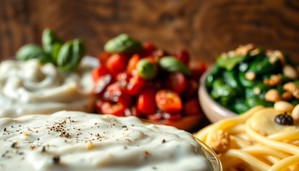A vibrant assortment of Alfredo sauce variations presented in a rustic, artisanal setting. In the foreground, a creamy white Alfredo sauce with flecks of freshly grated Parmesan and a sprinkle of cracked black pepper. In the middle ground, a sun-dried tomato Alfredo with a deep red hue and flecks of dried basil. In the background, a spinach and garlic Alfredo with a vibrant green color and a sprinkle of toasted pine nuts. Soft, natural lighting casts a warm, inviting glow over the scene, highlighting the rich, velvety textures of the sauces. Captured with a shallow depth of field, the image has a slightly moody, atmospheric quality, inviting the viewer to imagine the flavors and textures of these Alfredo sauce variations. A vibrant assortment of Alfredo sauce variations presented in a rustic, artisanal setting. In the foreground, a creamy white Alfredo sauce with flecks of freshly grated Parmesan and a sprinkle of cracked black pepper. In the middle ground, a sun-dried tomato Alfredo with a deep red hue and flecks of dried basil. In the background, a spinach and garlic Alfredo with a vibrant green color and a sprinkle of toasted pine nuts. Soft, natural lighting casts a warm, inviting glow over the scene, highlighting the rich, velvety textures of the sauces. Captured with a shallow depth of field, the image has a slightly moody, atmospheric quality, inviting the viewer to imagine the flavors and textures of these Alfredo sauce variations.