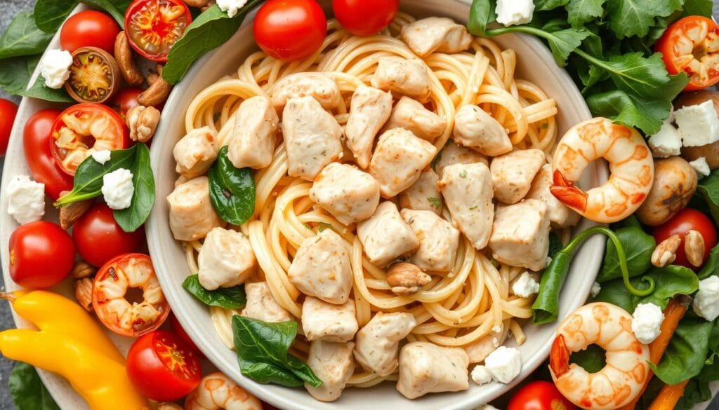 A visually striking and appetizing arrangement of chicken pasta in a shallow bowl, surrounded by an array of fresh, vibrant vegetables and proteins. The pasta is perfectly al dente, lightly coated in a creamy, flavorful sauce that complements the tender chicken pieces. The vegetables, such as sautéed spinach, cherry tomatoes, and sliced bell peppers, add a burst of color and crunch. Sprinkled throughout are complementary proteins like grilled shrimp, toasted pine nuts, and crumbled feta cheese, creating a harmonious and balanced dish. The lighting is soft and natural, highlighting the textures and hues of the ingredients. The composition is carefully arranged, with the pasta in the center, the vegetables and proteins artfully scattered around it, conveying a sense of rustic elegance and culinary mastery.