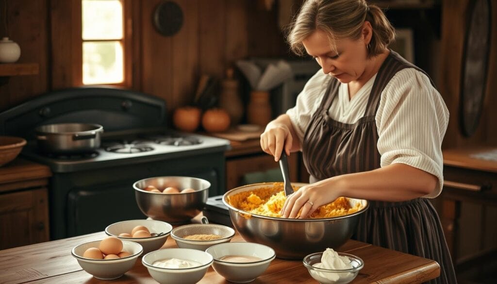 Amish woman carefully mixing ingredients for a hearty breakfast casserole in a rustic kitchen. Warm, natural lighting illuminates the scene, casting a soft glow on the aged wood surfaces. The countertop is cluttered with bowls of farm-fresh eggs, cream, and homemade spices. In the background, a vintage cast-iron stove radiates gentle heat. The woman's movements are precise and purposeful, reflecting the traditional Amish cooking techniques passed down through generations. The atmosphere is one of homely comfort and culinary mastery. Amish woman carefully mixing ingredients for a hearty breakfast casserole in a rustic kitchen. Warm, natural lighting illuminates the scene, casting a soft glow on the aged wood surfaces. The countertop is cluttered with bowls of farm-fresh eggs, cream, and homemade spices. In the background, a vintage cast-iron stove radiates gentle heat. The woman's movements are precise and purposeful, reflecting the traditional Amish cooking techniques passed down through generations. The atmosphere is one of homely comfort and culinary mastery.