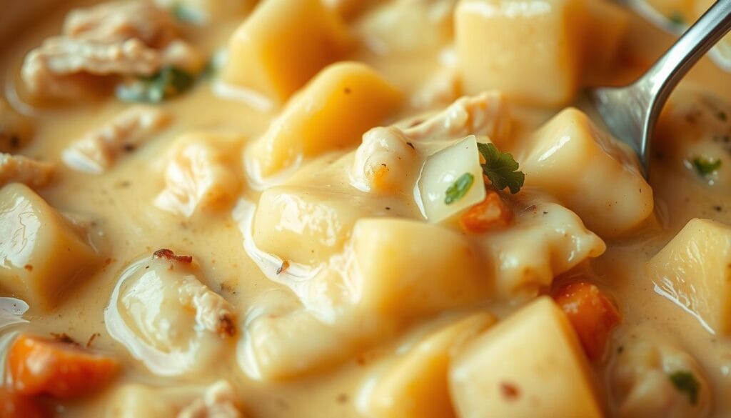 Creamy, luscious chicken pot pie filling, with a smooth, velvety texture. Close-up view, highlighting the rich, thick consistency and glossy sheen. Gently simmered chicken chunks nestled in a savory, creamy sauce, infused with aromatic herbs and spices. Soft, pillowy potatoes and tender vegetables suspended in the decadent mixture. Warm, inviting lighting casts a soft glow, creating a comforting, homestyle atmosphere. Shallow depth of field, emphasizing the luxurious mouthfeel and tempting appearance. Shot from an angle that showcases the filling's layered, multilevel composition, ready to be spooned into a flaky pie crust. Creamy, luscious chicken pot pie filling, with a smooth, velvety texture. Close-up view, highlighting the rich, thick consistency and glossy sheen. Gently simmered chicken chunks nestled in a savory, creamy sauce, infused with aromatic herbs and spices. Soft, pillowy potatoes and tender vegetables suspended in the decadent mixture. Warm, inviting lighting casts a soft glow, creating a comforting, homestyle atmosphere. Shallow depth of field, emphasizing the luxurious mouthfeel and tempting appearance. Shot from an angle that showcases the filling's layered, multilevel composition, ready to be spooned into a flaky pie crust.