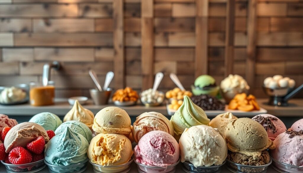 Explore a vibrant display of unique ice cream flavors against a backdrop of a rustic wooden counter. In the foreground, an array of artisanal scoops in captivating hues ranging from vibrant berries to earthy matcha, each one beckoning for a taste. The middle ground features a selection of toppings and mix-ins, from crunchy pralines to decadent chocolate shavings, complementing the icy treats. Soft, diffused lighting casts a warm glow, evoking a cozy, inviting atmosphere perfect for discovering new and exciting flavor combinations beyond the traditional vanilla. Explore a vibrant display of unique ice cream flavors against a backdrop of a rustic wooden counter. In the foreground, an array of artisanal scoops in captivating hues ranging from vibrant berries to earthy matcha, each one beckoning for a taste. The middle ground features a selection of toppings and mix-ins, from crunchy pralines to decadent chocolate shavings, complementing the icy treats. Soft, diffused lighting casts a warm glow, evoking a cozy, inviting atmosphere perfect for discovering new and exciting flavor combinations beyond the traditional vanilla.