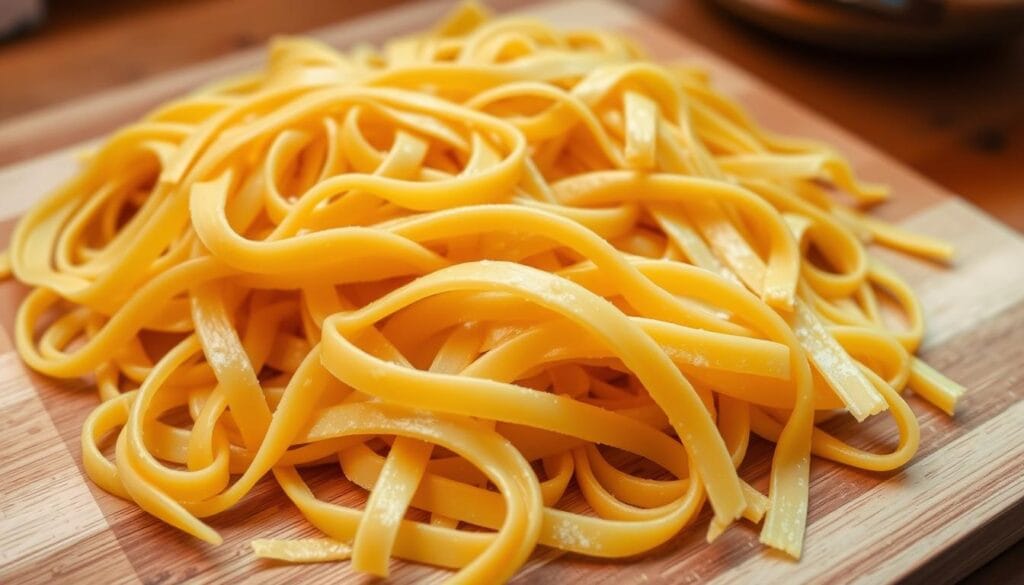 Freshly cooked lasagna noodles, golden-brown and perfectly al dente, lie neatly arranged on a wooden cutting board. The noodles glisten with a light sheen, their ridges and curves casting intricate shadows in the soft, even lighting. The scene has a warm, homemade atmosphere, inviting the viewer to imagine the delicious layers of cheese, sauce, and meat that will soon be assembled. The focus is sharp on the noodles, but the background is subtly blurred, drawing the eye to the star of the show. This image captures the essence of the "Choosing the Right Lasagna Noodles" section, highlighting the importance of selecting high-quality, properly cooked noodles for the perfect homemade lasagna. Freshly cooked lasagna noodles, golden-brown and perfectly al dente, lie neatly arranged on a wooden cutting board. The noodles glisten with a light sheen, their ridges and curves casting intricate shadows in the soft, even lighting. The scene has a warm, homemade atmosphere, inviting the viewer to imagine the delicious layers of cheese, sauce, and meat that will soon be assembled. The focus is sharp on the noodles, but the background is subtly blurred, drawing the eye to the star of the show. This image captures the essence of the "Choosing the Right Lasagna Noodles" section, highlighting the importance of selecting high-quality, properly cooked noodles for the perfect homemade lasagna.
