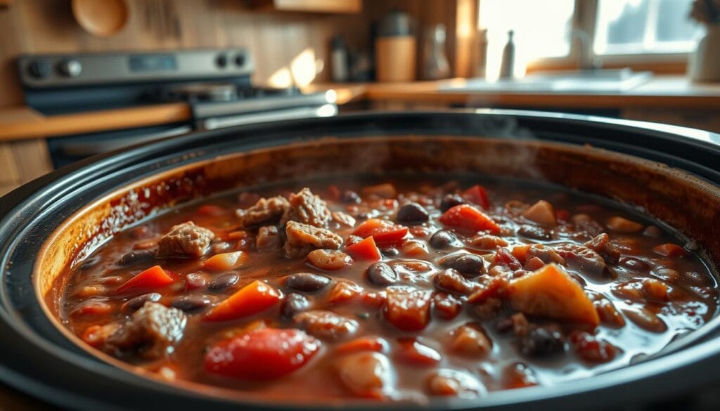 Prompt A bubbling slow cooker filled with a rich, hearty chili, the aroma of simmering spices and tender meat wafting through the air. In the foreground, a thick, glossy layer of chili with chunks of beef, kidney beans, and diced tomatoes. In the middle, the slow cooker's ceramic interior, its warm, earthy tones complementing the deep hues of the chili. The background features a rustic kitchen setting, with wooden countertops, a vintage-inspired oven, and natural lighting streaming in from a nearby window, casting a soft, cozy glow over the scene. The overall mood is comforting and inviting, perfectly capturing the essence of a homemade slow cooker chili. Prompt A bubbling slow cooker filled with a rich, hearty chili, the aroma of simmering spices and tender meat wafting through the air. In the foreground, a thick, glossy layer of chili with chunks of beef, kidney beans, and diced tomatoes. In the middle, the slow cooker's ceramic interior, its warm, earthy tones complementing the deep hues of the chili. The background features a rustic kitchen setting, with wooden countertops, a vintage-inspired oven, and natural lighting streaming in from a nearby window, casting a soft, cozy glow over the scene. The overall mood is comforting and inviting, perfectly capturing the essence of a homemade slow cooker chili.