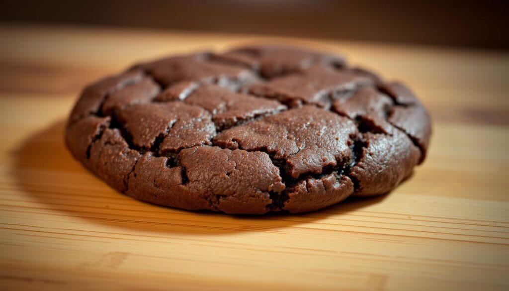 a freshly baked chocolate cookie base, glistening with a thin sheen of melted chocolate, resting on a wooden surface. The cookie is thick and chewy, with a crackled top and a rich, fudgy interior. The lighting is soft and warm, casting gentle shadows that accentuate the cookie's texture. The camera angle is slightly elevated, showcasing the cookie's appealing shape and size. The background is simple and uncluttered, allowing the cookie to be the star of the scene. The overall mood is cozy, indulgent, and inviting, setting the stage for a delicious chocolate ice cream sandwich. a freshly baked chocolate cookie base, glistening with a thin sheen of melted chocolate, resting on a wooden surface. The cookie is thick and chewy, with a crackled top and a rich, fudgy interior. The lighting is soft and warm, casting gentle shadows that accentuate the cookie's texture. The camera angle is slightly elevated, showcasing the cookie's appealing shape and size. The background is simple and uncluttered, allowing the cookie to be the star of the scene. The overall mood is cozy, indulgent, and inviting, setting the stage for a delicious chocolate ice cream sandwich.