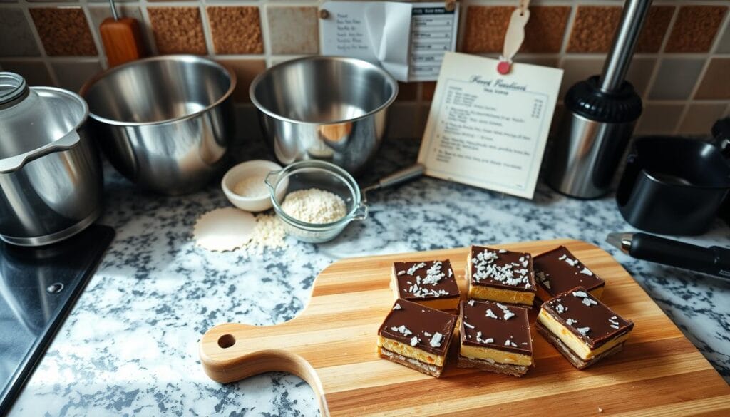 A beautifully lit overhead shot of a granite kitchen countertop, with an assortment of baking tools and ingredients arranged neatly. In the foreground, a wooden cutting board showcases freshly baked Nanaimo bars, their layers of custard, chocolate, and coconut perfectly executed. In the middle ground, a set of stainless steel mixing bowls, a sifter, and a whisk hint at the careful preparation. The background features a vintage-style recipe card pinned to a cork board, providing insight into the chef's secret techniques for achieving the perfect Nanaimo bar texture and flavor.