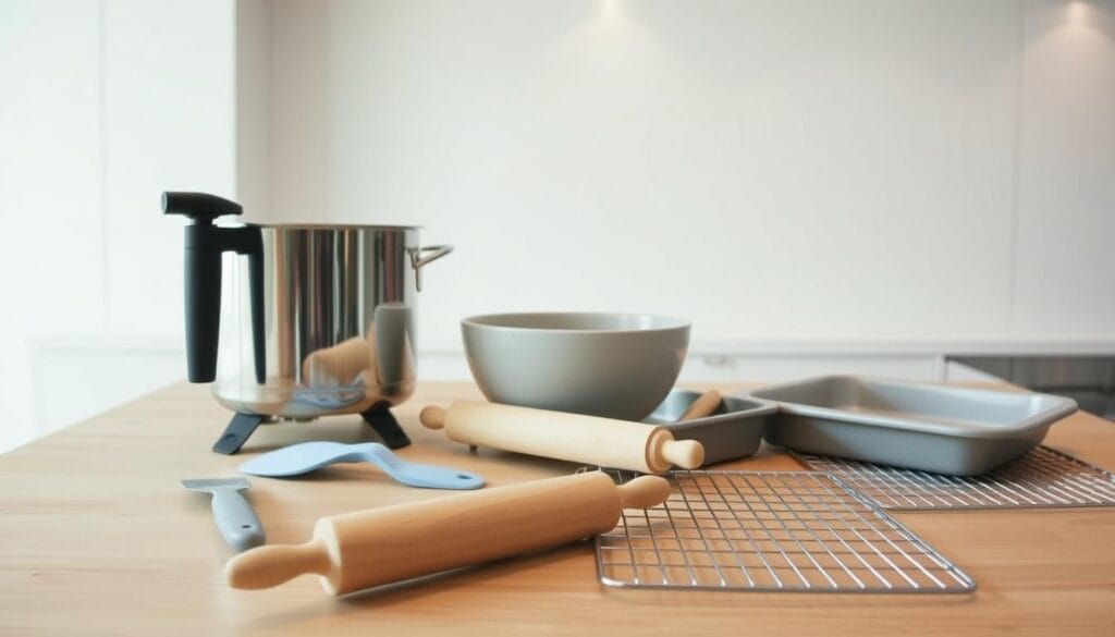 A bright, modern kitchen countertop with a variety of essential tools for making Nanaimo bars: a double boiler, a mixing bowl, a rubber spatula, a rolling pin, a square baking pan, and a wire cooling rack. The countertop is made of sleek, light-colored wood, and the room is illuminated by soft, even lighting from overhead fixtures. The tools are arranged in an orderly, inviting manner, conveying a sense of culinary preparedness and efficiency. The overall mood is clean, organized, and conducive to the successful creation of this beloved Canadian dessert.