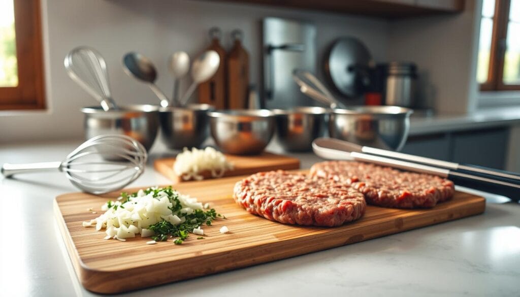 A clean, well-lit kitchen counter with a wooden cutting board in the foreground. In the middle ground, a set of stainless steel bowls and utensils arranged neatly, including a whisk, spatula, and tongs. In the background, a bright window lets in natural light, illuminating the scene. On the cutting board, freshly chopped onions, garlic, and herbs, alongside ground beef patties ready for seasoning and cooking. The overall mood is one of organized preparation, with a focus on the key steps of making the perfect burger sauce and patties.