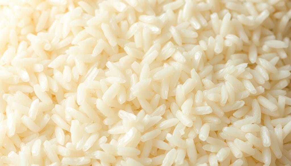 A close-up photograph of freshly cooked sushi rice, perfectly steamed and glistening with a subtle sheen. The grains are distinctly separate, with a fluffy yet slightly sticky texture, arranged in an orderly pattern that fills the frame. Soft, indirect lighting bathes the rice in a warm, natural glow, highlighting its pearly white hue and the delicate gradients of color. The camera is positioned slightly above the rice, creating a sense of depth and emphasizing the intricate details of the individual grains. The background is a minimalist, neutral-toned surface, allowing the sushi rice to be the sole focus of the image. A close-up photograph of freshly cooked sushi rice, perfectly steamed and glistening with a subtle sheen. The grains are distinctly separate, with a fluffy yet slightly sticky texture, arranged in an orderly pattern that fills the frame. Soft, indirect lighting bathes the rice in a warm, natural glow, highlighting its pearly white hue and the delicate gradients of color. The camera is positioned slightly above the rice, creating a sense of depth and emphasizing the intricate details of the individual grains. The background is a minimalist, neutral-toned surface, allowing the sushi rice to be the sole focus of the image.
