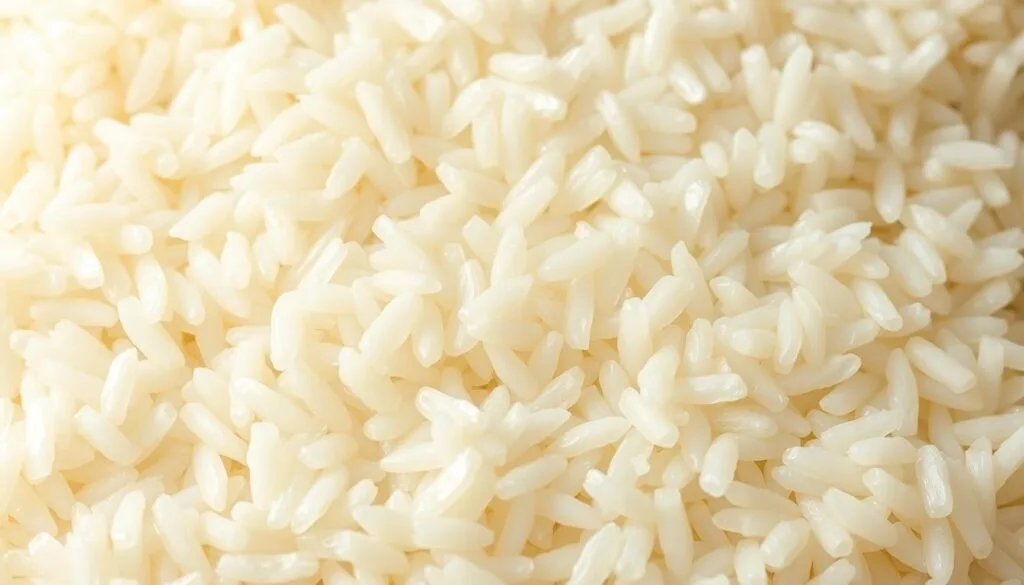 A close-up photograph of freshly cooked sushi rice, perfectly steamed and glistening with a subtle sheen. The grains are distinctly separate, with a fluffy yet slightly sticky texture, arranged in an orderly pattern that fills the frame. Soft, indirect lighting bathes the rice in a warm, natural glow, highlighting its pearly white hue and the delicate gradients of color. The camera is positioned slightly above the rice, creating a sense of depth and emphasizing the intricate details of the individual grains. The background is a minimalist, neutral-toned surface, allowing the sushi rice to be the sole focus of the image. A close-up photograph of freshly cooked sushi rice, perfectly steamed and glistening with a subtle sheen. The grains are distinctly separate, with a fluffy yet slightly sticky texture, arranged in an orderly pattern that fills the frame. Soft, indirect lighting bathes the rice in a warm, natural glow, highlighting its pearly white hue and the delicate gradients of color. The camera is positioned slightly above the rice, creating a sense of depth and emphasizing the intricate details of the individual grains. The background is a minimalist, neutral-toned surface, allowing the sushi rice to be the sole focus of the image.
