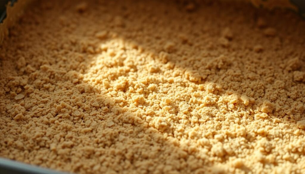 A close-up view of a freshly prepared cookie crust for a no-bake dessert. The crust is made of finely crushed graham crackers or digestive biscuits, lightly pressed into a square baking pan. The texture is slightly coarse, with visible crumbs and a light golden-brown color. The crust fills the frame, illuminated by soft, diffused natural lighting that casts gentle shadows, highlighting the delicate structure. The overall mood is warm, inviting, and visually appetizing, setting the stage for the no-bake fudgy squares to be layered on top.