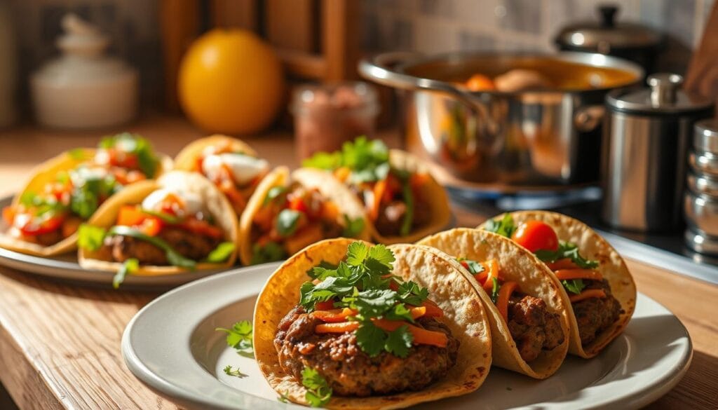 A cozy kitchen scene featuring a variety of creative comfort food dishes. In the foreground, a platter of delectable smash burger tacos, each one a masterpiece of textures and flavors. The middle ground showcases vibrant veggie-filled tacos, garnished with fresh herbs and zesty salsas. In the background, a simmering pot of hearty stew, its comforting aroma filling the air. Warm lighting casts a welcoming glow, and the overall atmosphere exudes a sense of homey satisfaction. Soft, natural shadows add depth and dimension to the scene, inviting the viewer to imagine themselves indulging in this delightful culinary experience.