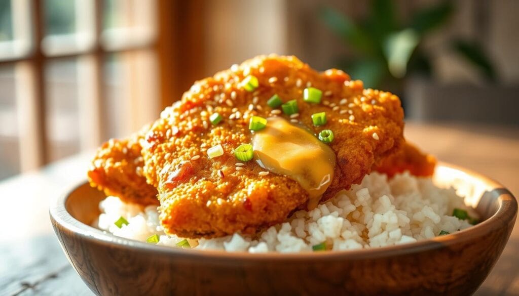 A crisp, golden-brown fried chicken cutlet, glistening with a drizzle of spicy honey butter, rests atop a bed of fluffy white rice, garnished with vibrant green scallions and toasted sesame seeds. The chicken is cradled in a rustic wooden bowl, set against a backdrop of natural light filtering through a large window, casting a warm, inviting glow on the scene. The atmosphere is cozy and comforting, inviting the viewer to imagine savoring each delectable bite of this mouthwatering dish.