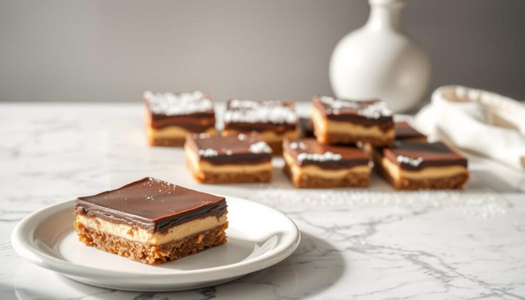 A delectable display of Nanaimo bars arranged elegantly on a marble countertop, bathed in soft, natural lighting that accentuates their rich chocolate hues and creamy layers. In the foreground, a single bar rests atop a pristine white platter, its glistening glaze and perfectly cut edges inviting the viewer to indulge. The middle ground showcases an artful arrangement of the classic Canadian dessert, with bars presented in different orientations and garnished with a light dusting of powdered sugar. In the background, a minimalist backdrop of muted tones allows the Nanaimo bars to take center stage, showcasing their timeless appeal and the perfect way to serve this beloved treat.