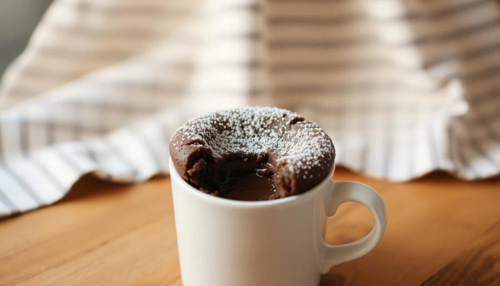 A delightful mug cake, freshly baked with a molten chocolate center, sits atop a wooden surface, illuminated by warm, natural lighting. The cake is presented on a simple white ceramic mug, its surface glistening with a light dusting of powdered sugar. In the background, a blurred pattern of striped linen or kitchen towel adds a cozy, homemade touch. The scene conveys a sense of effortless indulgence and the comforting appeal of a quick, satisfying dessert. A delightful mug cake, freshly baked with a molten chocolate center, sits atop a wooden surface, illuminated by warm, natural lighting. The cake is presented on a simple white ceramic mug, its surface glistening with a light dusting of powdered sugar. In the background, a blurred pattern of striped linen or kitchen towel adds a cozy, homemade touch. The scene conveys a sense of effortless indulgence and the comforting appeal of a quick, satisfying dessert.