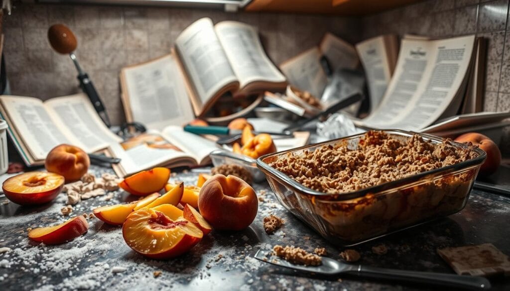 A kitchen counter littered with various ingredients and utensils, highlighting the messy process of making peach crisp. In the foreground, overripe peach slices and spilled sugar crystals suggest hasty preparation. Nearby, a battered baking dish sits askew, its crumb topping uneven and slightly burned. Overhead, harsh fluorescent lighting casts harsh shadows, emphasizing the chaotic scene. In the background, an open cookbook lies amidst scattered pages, its recipes obscured by the disarray. The overall mood conveys a sense of frenzied experimentation gone awry, a cautionary tale of the pitfalls of peach crisp-making.